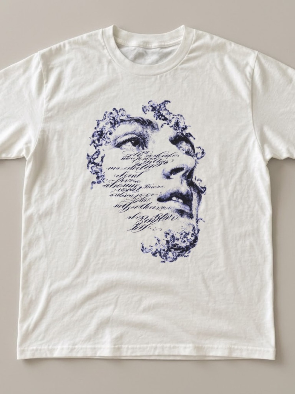Classic Surrealist Calligraphic Portrait Print White Graphic Tee - White